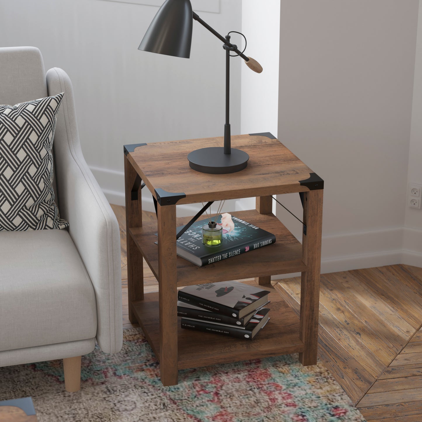 Wyatt Modern Farmhouse Wooden 3 Tier End Table with Black Metal Corner Accents and Cross Bracing, Rustic Oak