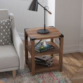 Wyatt Modern Farmhouse Wooden 3 Tier End Table with Black Metal Corner Accents and Cross Bracing, Rustic Oak