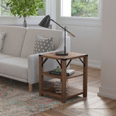 Wyatt Modern Farmhouse Wooden 3 Tier End Table with Black Metal Corner Accents and Cross Bracing, Rustic Oak
