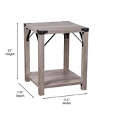 Wyatt Modern Farmhouse Wooden 2 Tier End Table with Black Metal Corner Accents and Cross Bracing, Gray Wash