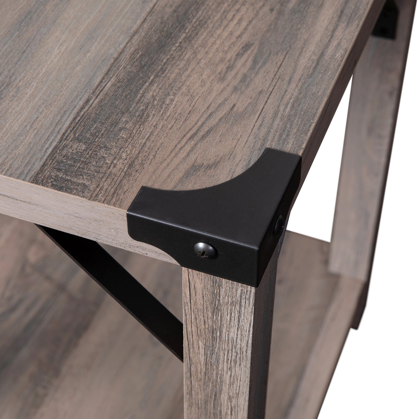 Wyatt Modern Farmhouse Wooden 2 Tier End Table with Black Metal Corner Accents and Cross Bracing, Gray Wash