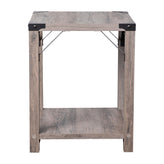 Wyatt Modern Farmhouse Wooden 2 Tier End Table with Black Metal Corner Accents and Cross Bracing, Gray Wash