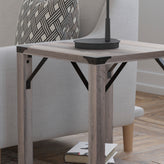 Wyatt Modern Farmhouse Wooden 2 Tier End Table with Black Metal Corner Accents and Cross Bracing, Gray Wash