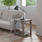 Wyatt Modern Farmhouse Wooden 2 Tier End Table with Black Metal Corner Accents and Cross Bracing, Gray Wash