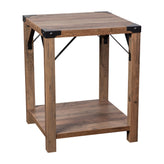 Wyatt Modern Farmhouse Wooden 2 Tier End Table with Black Metal Corner Accents and Cross Bracing, Rustic Oak