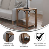 Wyatt Modern Farmhouse Wooden 2 Tier End Table with Black Metal Corner Accents and Cross Bracing, Rustic Oak
