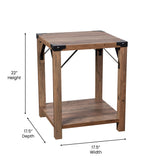 Wyatt Modern Farmhouse Wooden 2 Tier End Table with Black Metal Corner Accents and Cross Bracing, Rustic Oak