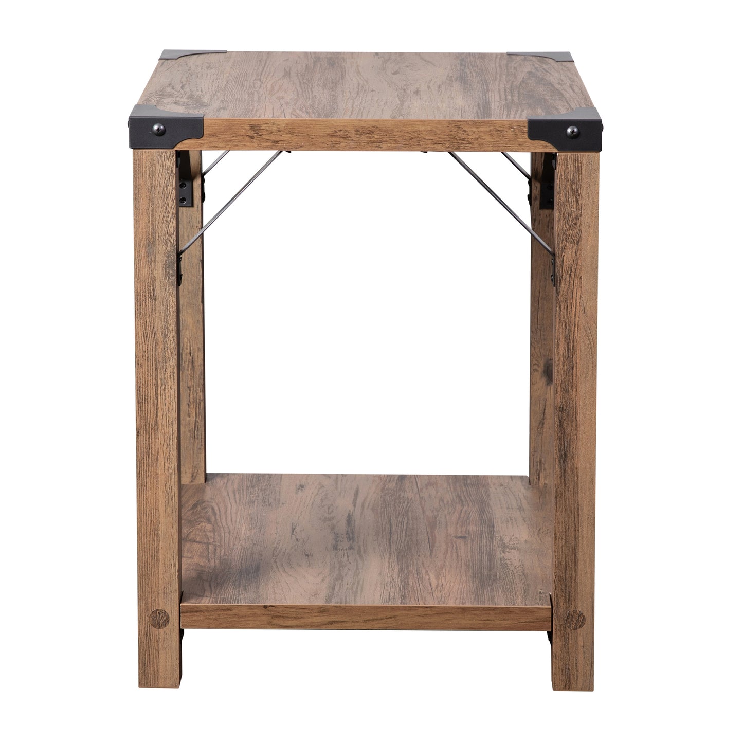 Wyatt Modern Farmhouse Wooden 2 Tier End Table with Black Metal Corner Accents and Cross Bracing, Rustic Oak