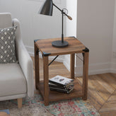Wyatt Modern Farmhouse Wooden 2 Tier End Table with Black Metal Corner Accents and Cross Bracing, Rustic Oak