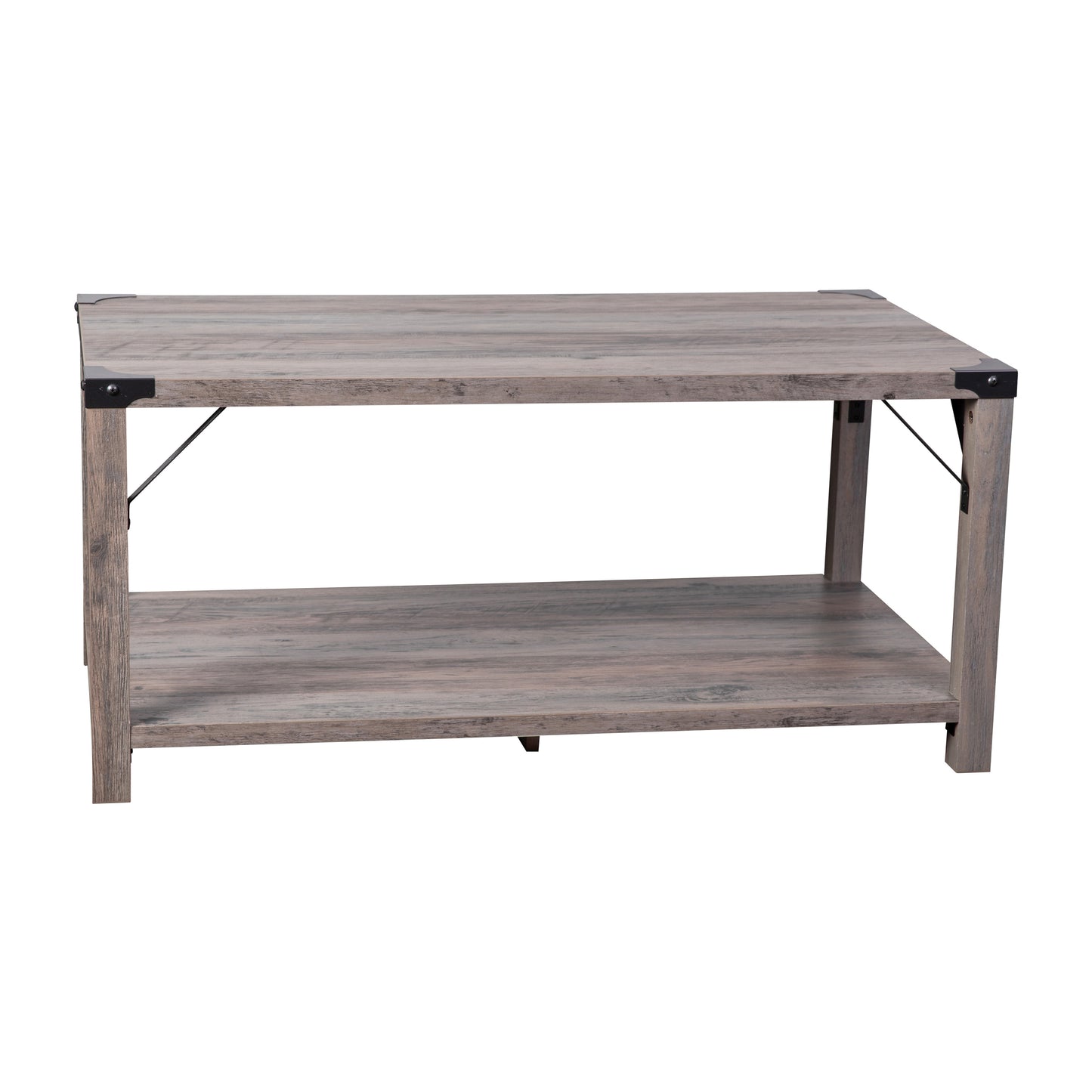 Wyatt Modern Farmhouse Wooden 2 Tier Coffee Table with Black Metal Corner Accents and Cross Bracing, Gray Wash