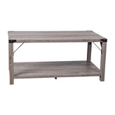 Wyatt Modern Farmhouse Wooden 2 Tier Coffee Table with Black Metal Corner Accents and Cross Bracing, Gray Wash