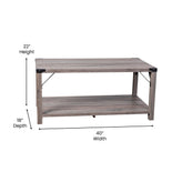 Wyatt Modern Farmhouse Wooden 2 Tier Coffee Table with Black Metal Corner Accents and Cross Bracing, Gray Wash