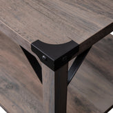 Wyatt Modern Farmhouse Wooden 2 Tier Coffee Table with Black Metal Corner Accents and Cross Bracing, Gray Wash