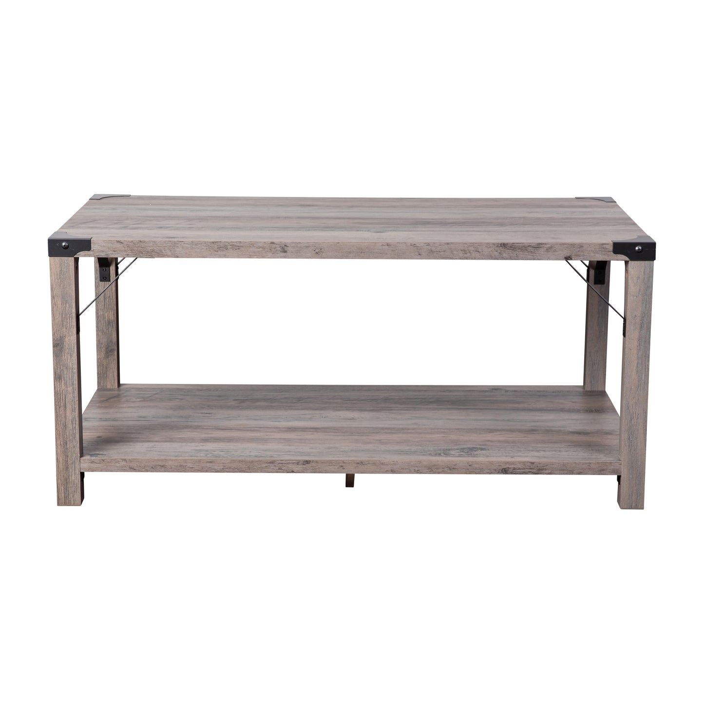Wyatt Modern Farmhouse Wooden 2 Tier Coffee Table with Black Metal Corner Accents and Cross Bracing, Gray Wash