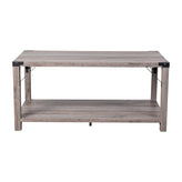 Wyatt Modern Farmhouse Wooden 2 Tier Coffee Table with Black Metal Corner Accents and Cross Bracing, Gray Wash