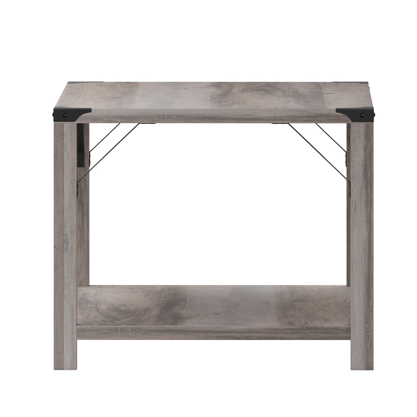 Wyatt Modern Farmhouse Wooden 2 Tier Coffee Table with Black Metal Corner Accents and Cross Bracing, Gray Wash