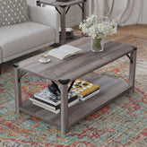 Wyatt Modern Farmhouse Wooden 2 Tier Coffee Table with Black Metal Corner Accents and Cross Bracing, Gray Wash