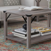 Wyatt Modern Farmhouse Wooden 2 Tier Coffee Table with Black Metal Corner Accents and Cross Bracing, Gray Wash