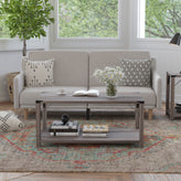 Wyatt Modern Farmhouse Wooden 2 Tier Coffee Table with Black Metal Corner Accents and Cross Bracing, Gray Wash