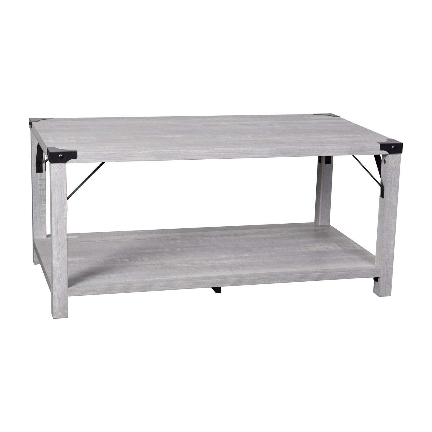 Wyatt Modern Farmhouse Wooden 2 Tier Coffee Table with Black Metal Corner Accents and Cross Bracing, Aspen Gray
