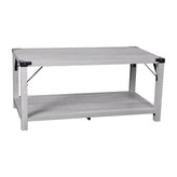 Wyatt Modern Farmhouse Wooden 2 Tier Coffee Table with Black Metal Corner Accents and Cross Bracing, Aspen Gray