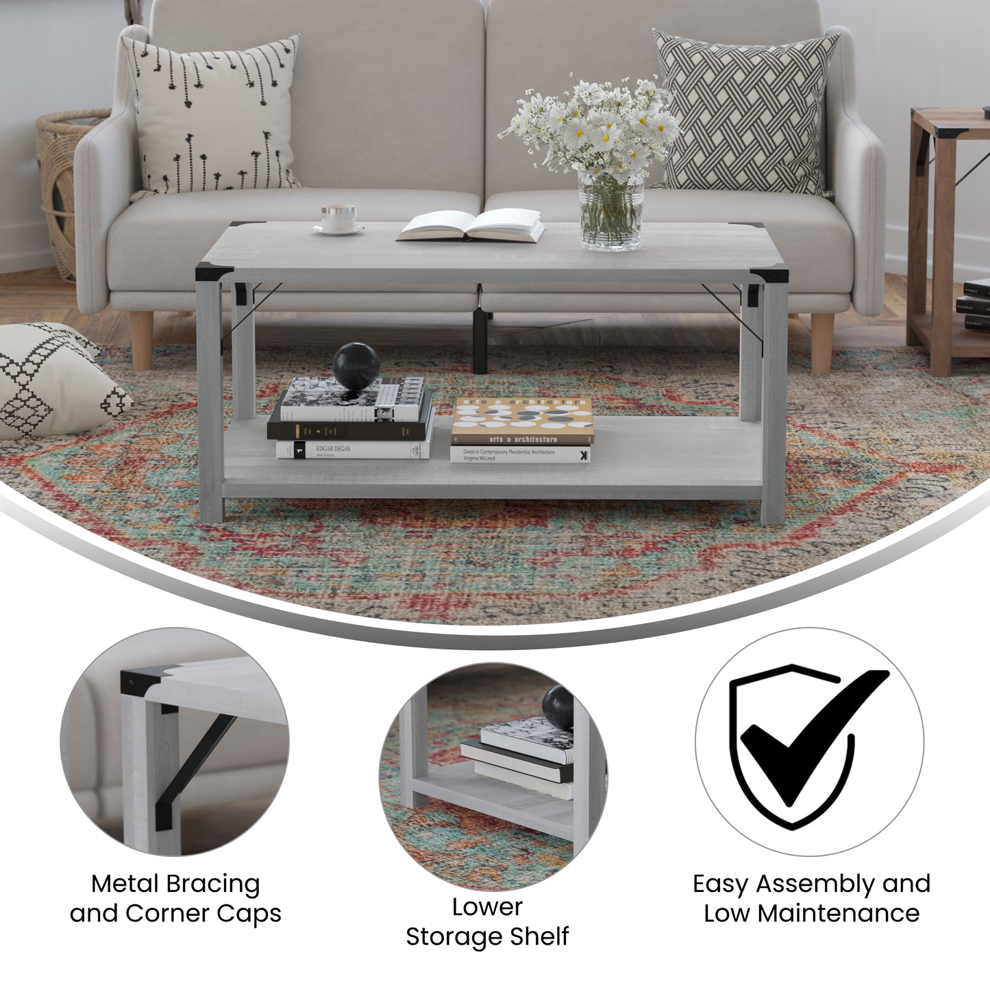 Wyatt Modern Farmhouse Wooden 2 Tier Coffee Table with Black Metal Corner Accents and Cross Bracing, Aspen Gray