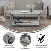 Wyatt Modern Farmhouse Wooden 2 Tier Coffee Table with Black Metal Corner Accents and Cross Bracing, Aspen Gray