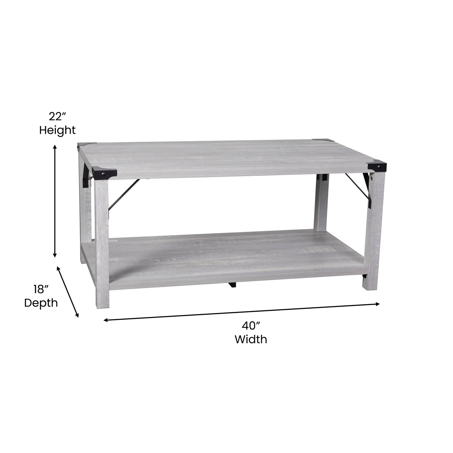 Wyatt Modern Farmhouse Wooden 2 Tier Coffee Table with Black Metal Corner Accents and Cross Bracing, Aspen Gray