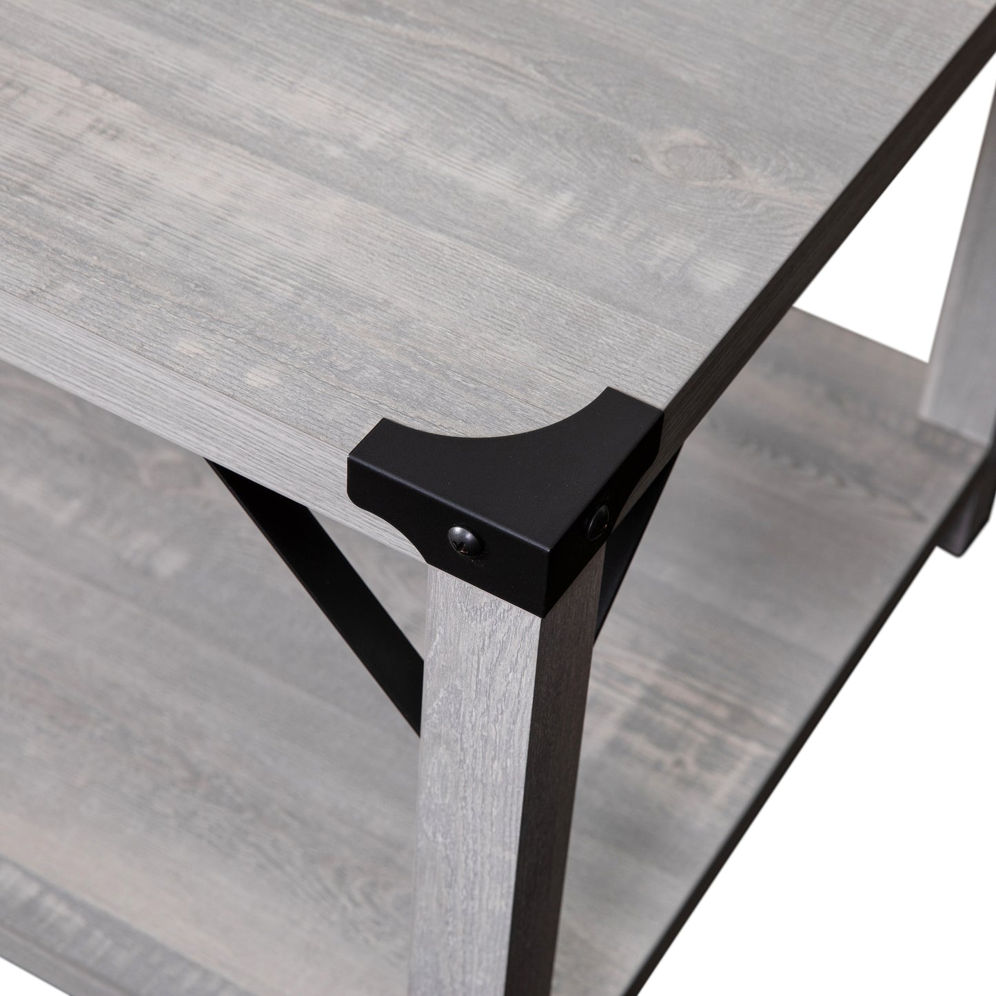 Wyatt Modern Farmhouse Wooden 2 Tier Coffee Table with Black Metal Corner Accents and Cross Bracing, Aspen Gray