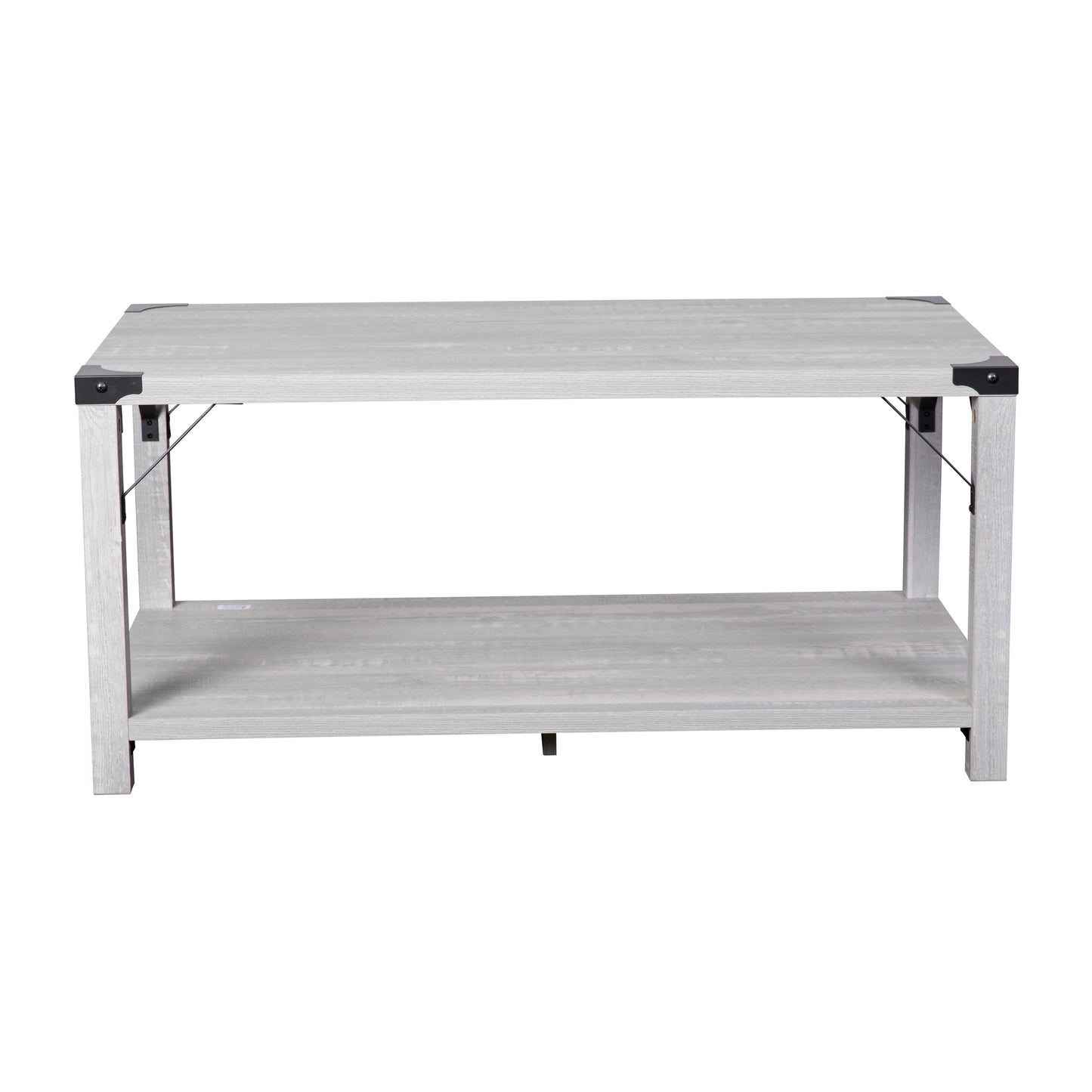 Wyatt Modern Farmhouse Wooden 2 Tier Coffee Table with Black Metal Corner Accents and Cross Bracing, Aspen Gray