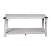 Wyatt Modern Farmhouse Wooden 2 Tier Coffee Table with Black Metal Corner Accents and Cross Bracing, Aspen Gray