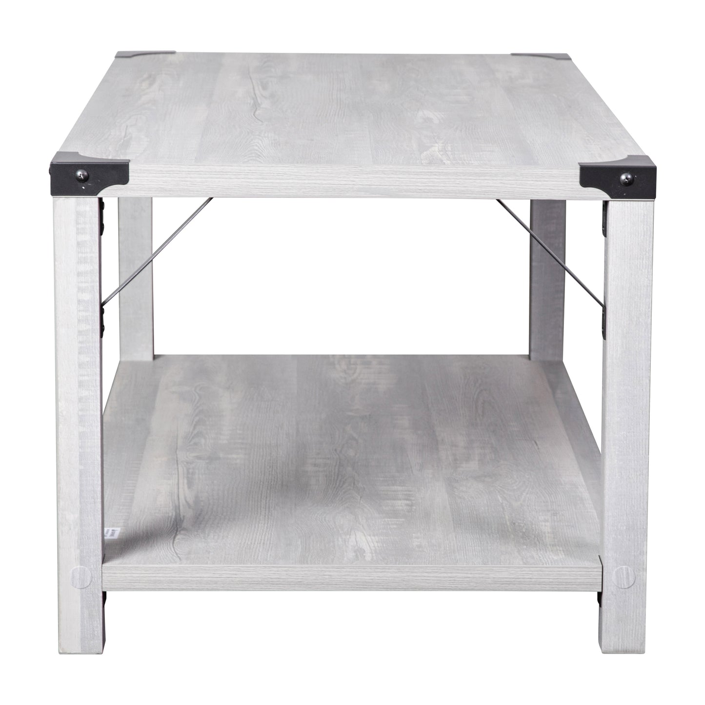 Wyatt Modern Farmhouse Wooden 2 Tier Coffee Table with Black Metal Corner Accents and Cross Bracing, Aspen Gray