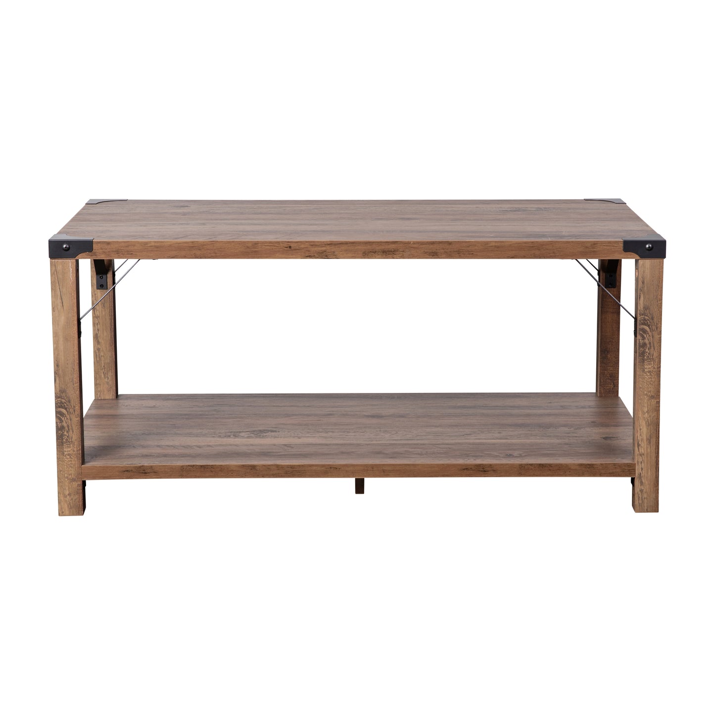 Wyatt Modern Farmhouse Wooden 2 Tier Coffee Table with Black Metal Corner Accents and Cross Bracing, Rustic Oak