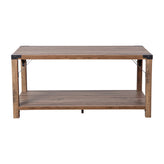 Wyatt Modern Farmhouse Wooden 2 Tier Coffee Table with Black Metal Corner Accents and Cross Bracing, Rustic Oak