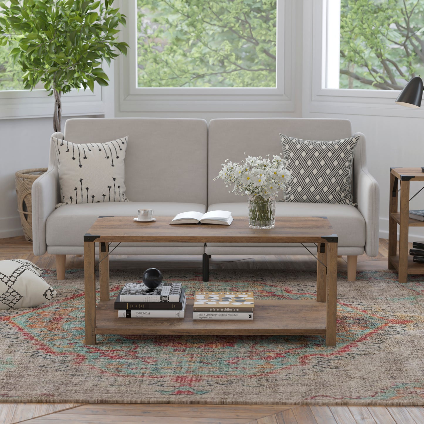 Wyatt Modern Farmhouse Wooden 2 Tier Coffee Table with Black Metal Corner Accents and Cross Bracing, Rustic Oak