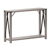 Wyatt Modern Farmhouse Wooden 2 Tier Console Entry Table with Black Metal Corner Accents and Cross Bracing, Gray Wash