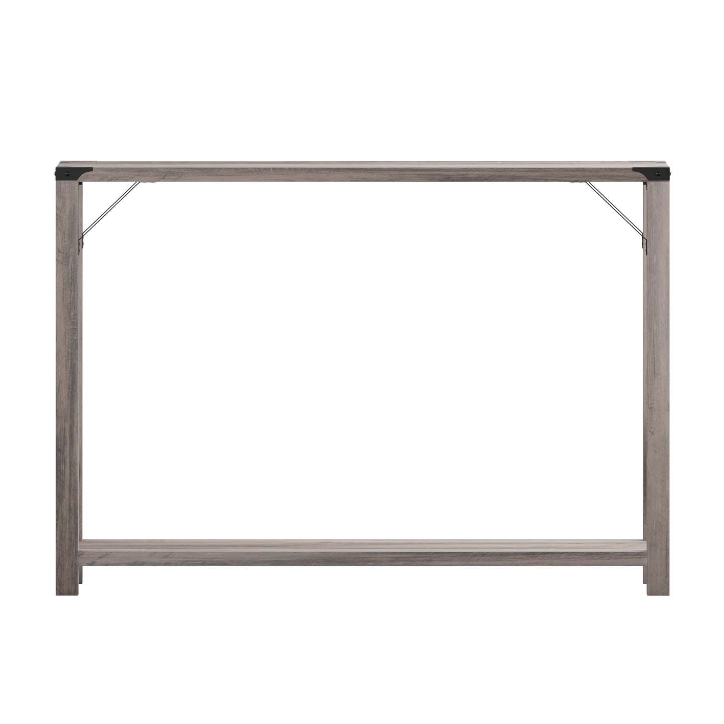 Wyatt Modern Farmhouse Wooden 2 Tier Console Entry Table with Black Metal Corner Accents and Cross Bracing, Gray Wash