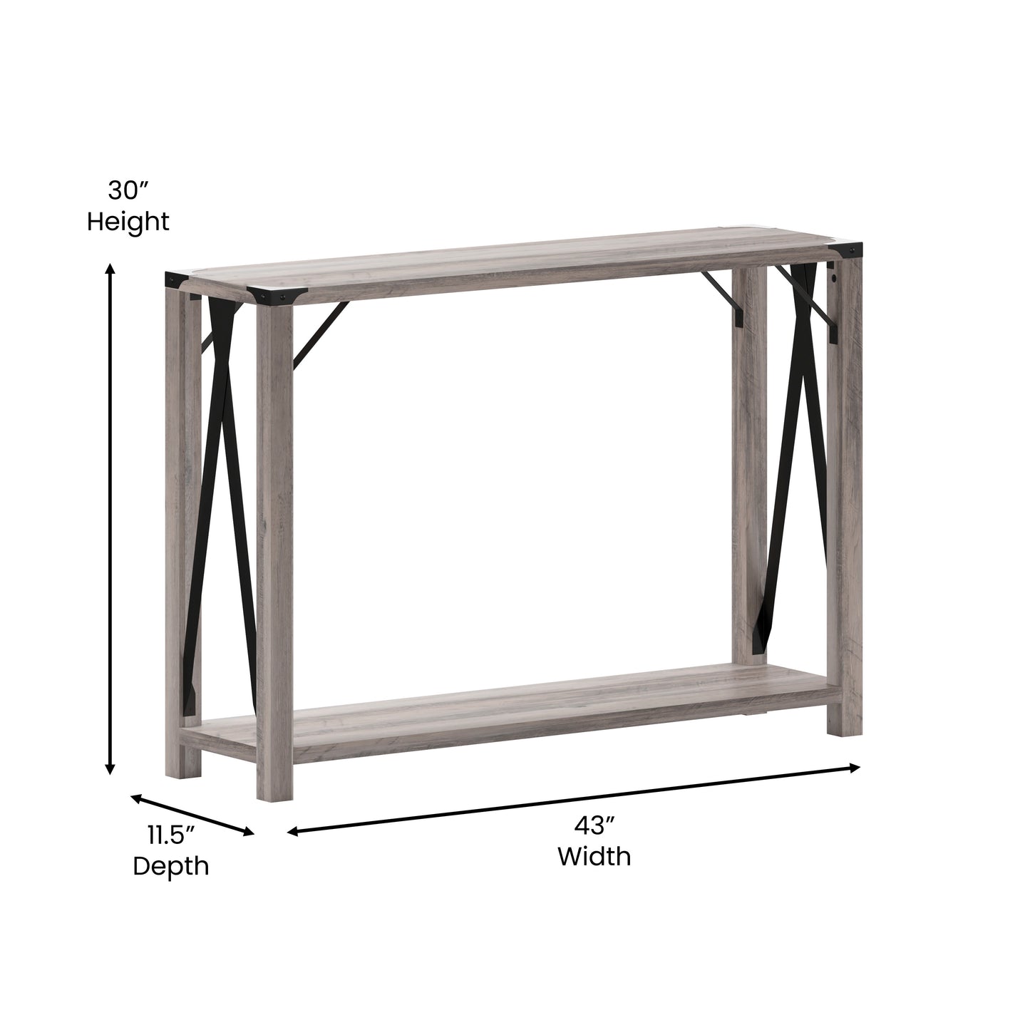 Wyatt Modern Farmhouse Wooden 2 Tier Console Entry Table with Black Metal Corner Accents and Cross Bracing, Gray Wash