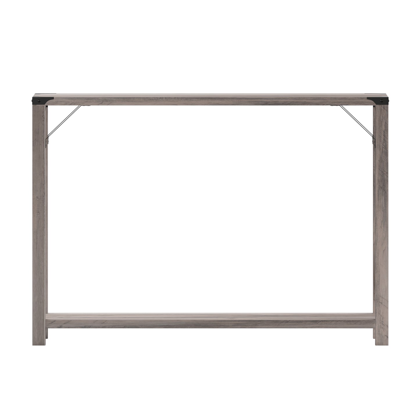 Wyatt Modern Farmhouse Wooden 2 Tier Console Entry Table with Black Metal Corner Accents and Cross Bracing, Gray Wash