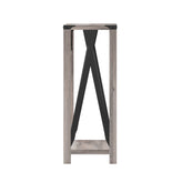 Wyatt Modern Farmhouse Wooden 2 Tier Console Entry Table with Black Metal Corner Accents and Cross Bracing, Gray Wash