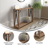 Wyatt Modern Farmhouse Wooden 2 Tier Console Entry Table with Black Metal Corner Accents and Cross Bracing, Rustic Oak