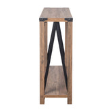 Wyatt Modern Farmhouse Wooden 2 Tier Console Entry Table with Black Metal Corner Accents and Cross Bracing, Rustic Oak
