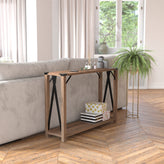 Wyatt Modern Farmhouse Wooden 2 Tier Console Entry Table with Black Metal Corner Accents and Cross Bracing, Rustic Oak
