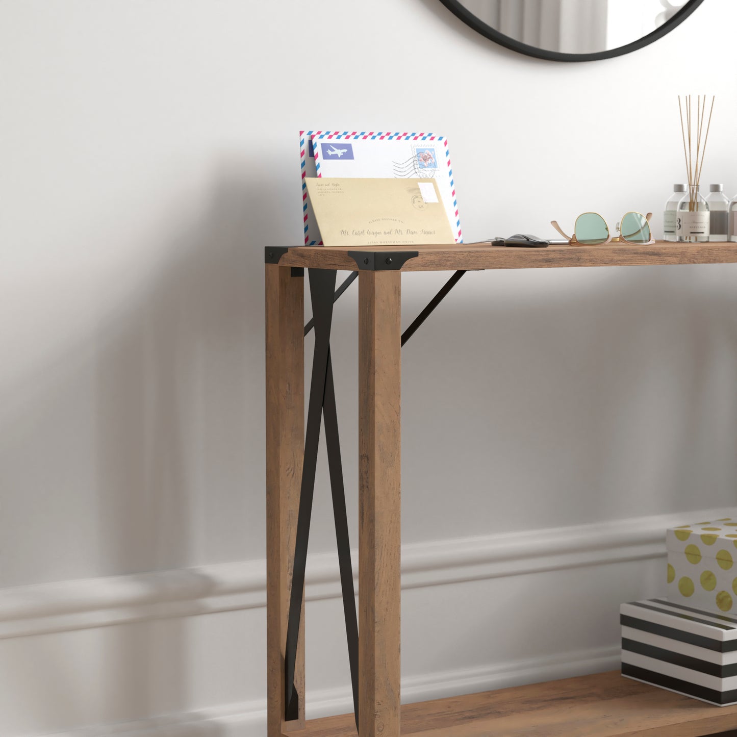 Wyatt Modern Farmhouse Wooden 2 Tier Console Entry Table with Black Metal Corner Accents and Cross Bracing, Rustic Oak