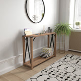 Wyatt Modern Farmhouse Wooden 2 Tier Console Entry Table with Black Metal Corner Accents and Cross Bracing, Rustic Oak