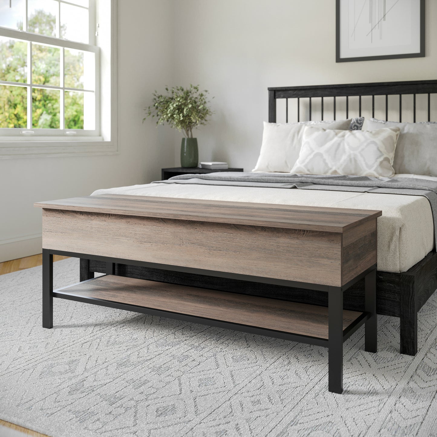 Wyatt Farmhouse Entryway Storage Bench with Lower Shelf Perfect for Entryway, Mudroom, or Bedroom in Gray Wash