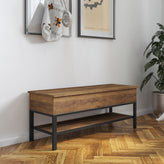 Wyatt Farmhouse Entryway Storage Bench with Lower Shelf Perfect for Entryway, Mudroom, or Bedroom in Rustic Oak