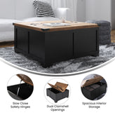 Wyatt 35.75" Farmhouse Storage Coffee Table with Hinged Lift Top, Large Coffee Table with Hidden Storage, Two Tone Finish, Black/Rustic Oak