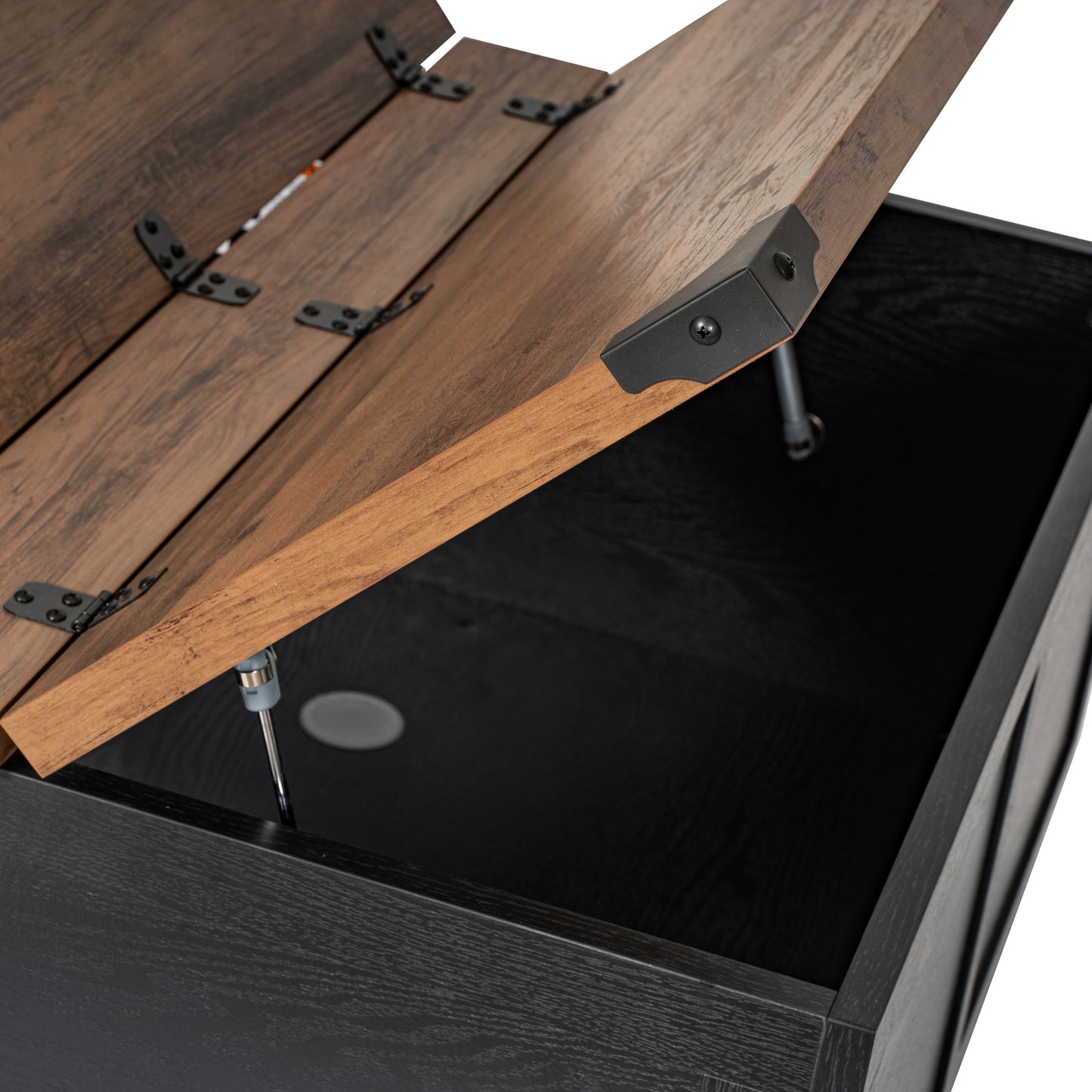 Wyatt 35.75" Farmhouse Storage Coffee Table with Hinged Lift Top, Large Coffee Table with Hidden Storage, Two Tone Finish, Black/Rustic Oak