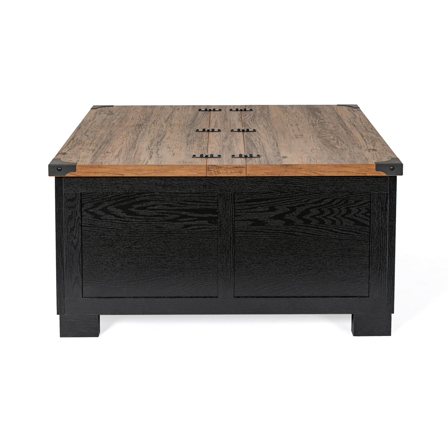 Wyatt 35.75" Farmhouse Storage Coffee Table with Hinged Lift Top, Large Coffee Table with Hidden Storage, Two Tone Finish, Black/Rustic Oak